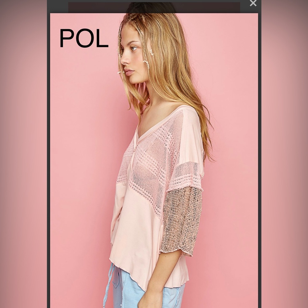 BP25🌸POL pretty pale pink mixed media top w/sheer back+sleeves🌸Great vacay look🌸 - Picture 4 of 6